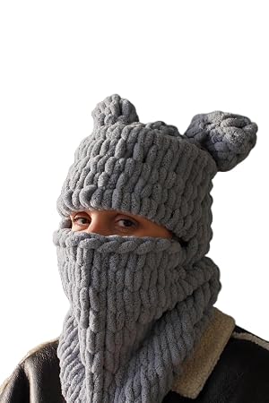 Handknit Soft Open Face Puffy Ski Mask Balaclava Beanie - Cream One Size 15 7x23 6 inch