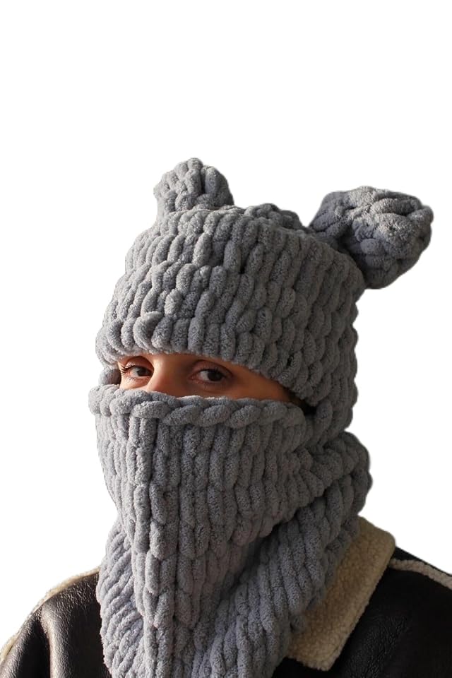 Handknit Soft Open Face Puffy Ski Mask Balaclava Beanie - Cream One Size 15 7x23 6 inch