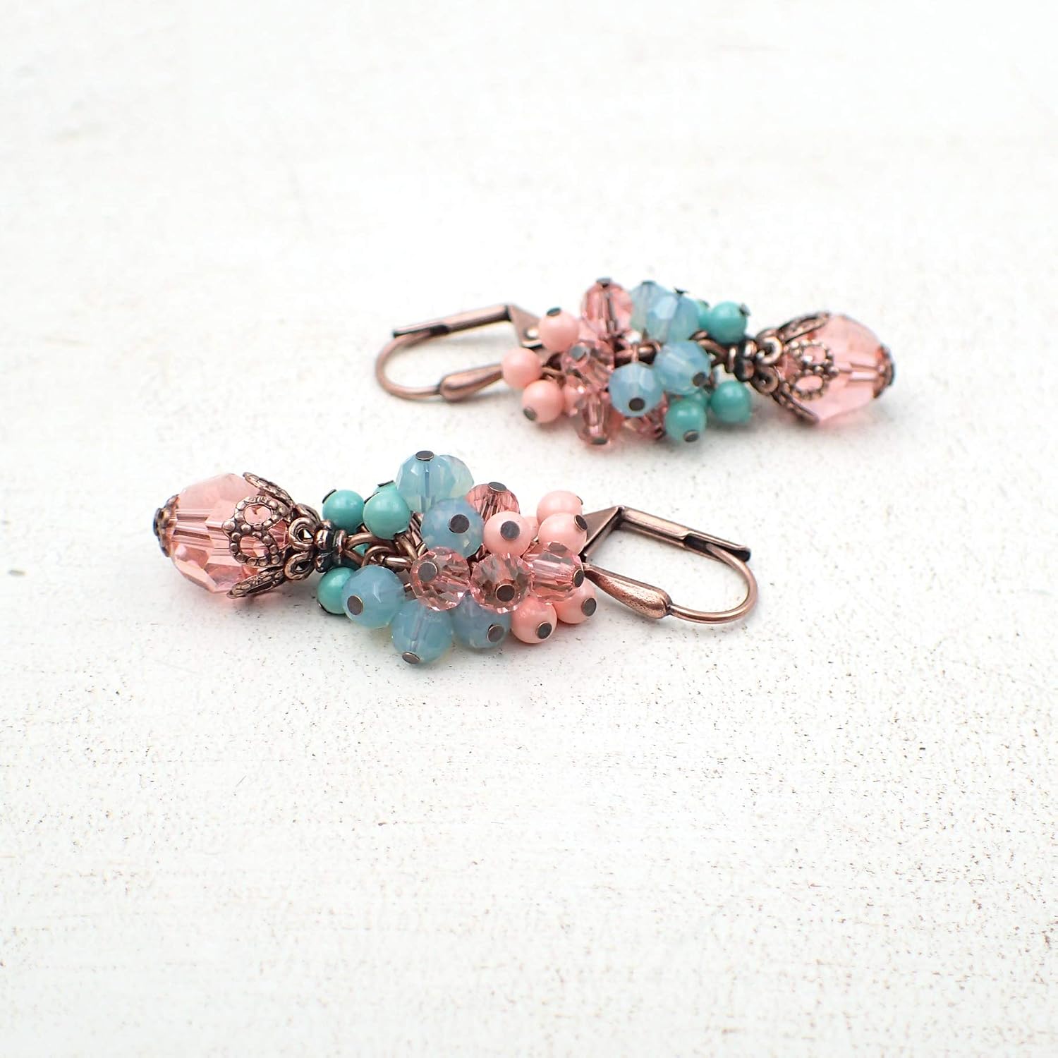 Beaded Cluster Earrings with Crystal Beads and Antiqued Copper-Plated Brass, Rose Peach, and Greenish Blue