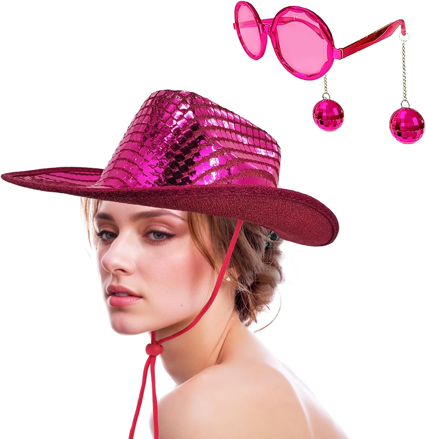 Disco Western Cowboy Hat with Disco Ball Sunglasses, Sequin Mirrored Cowgirl Hat for Women Men Costume Cosplay Party