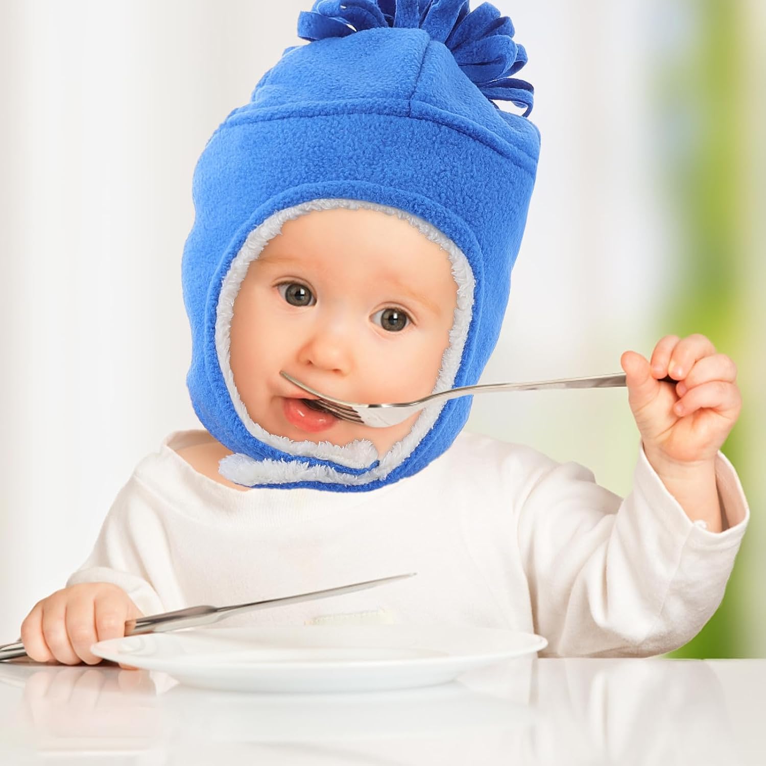 VALICLUD Winter Hat and Gloves Set for Boys, 2pcs Warm Trapper Hat with Ear Flaps and Soft Gloves, Double-Layered Blue Cap, Size M (1-4 Years)