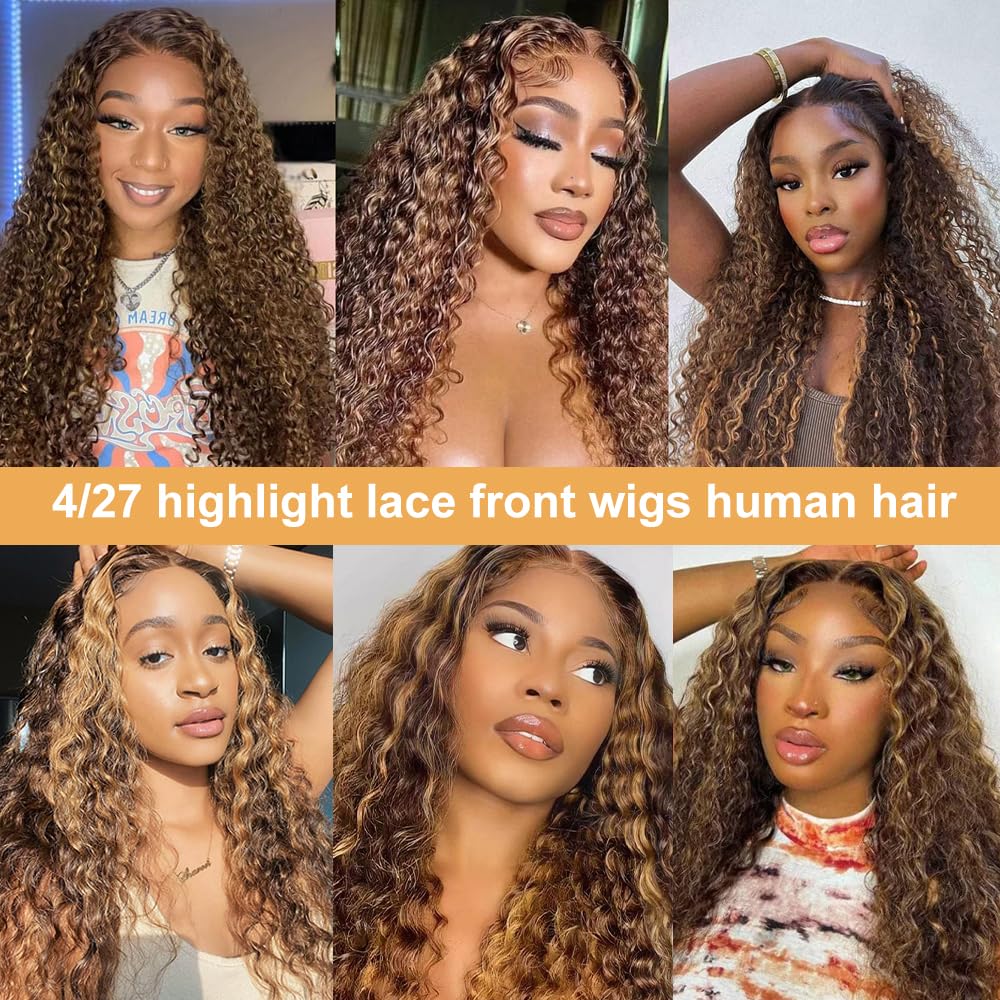 Ladoux P4/27 Highlight Ombre Lace Front Curly Wigs Human Hair 13x4 Hd Transparent Deep Wave Human Hair Wig For Women Glueless 180% Density Pre Plucked 28Inch