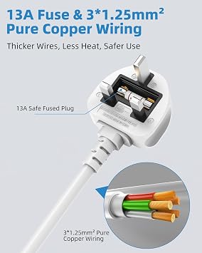 Mscien Extension Lead 1M with USB Slots 4 Way Wall Mounted, 1M Extension Lead Switched with Multiple Protection, Fused Power Strip 4 Sockets White, 13A/3250W
