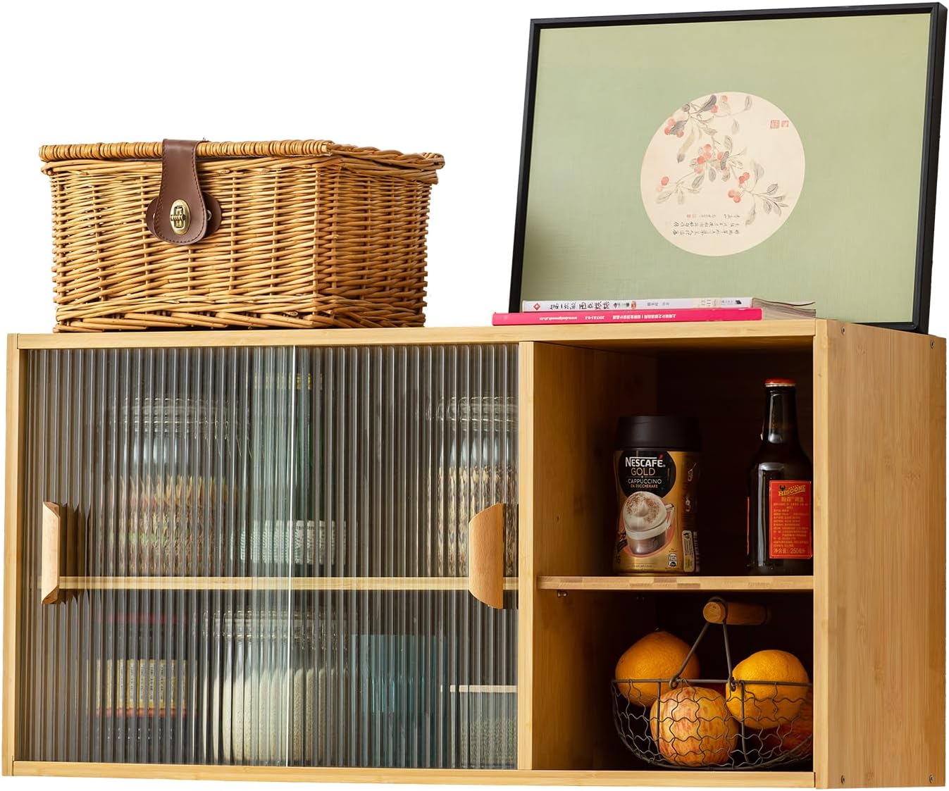 Tiita Small Kitchen Pantry Cabinet, Bamboo Wall Sideboard with Glass Doors, Cupboard Food Pantry Cabinet for Kitchen, Living Room and Dinning Bedroom