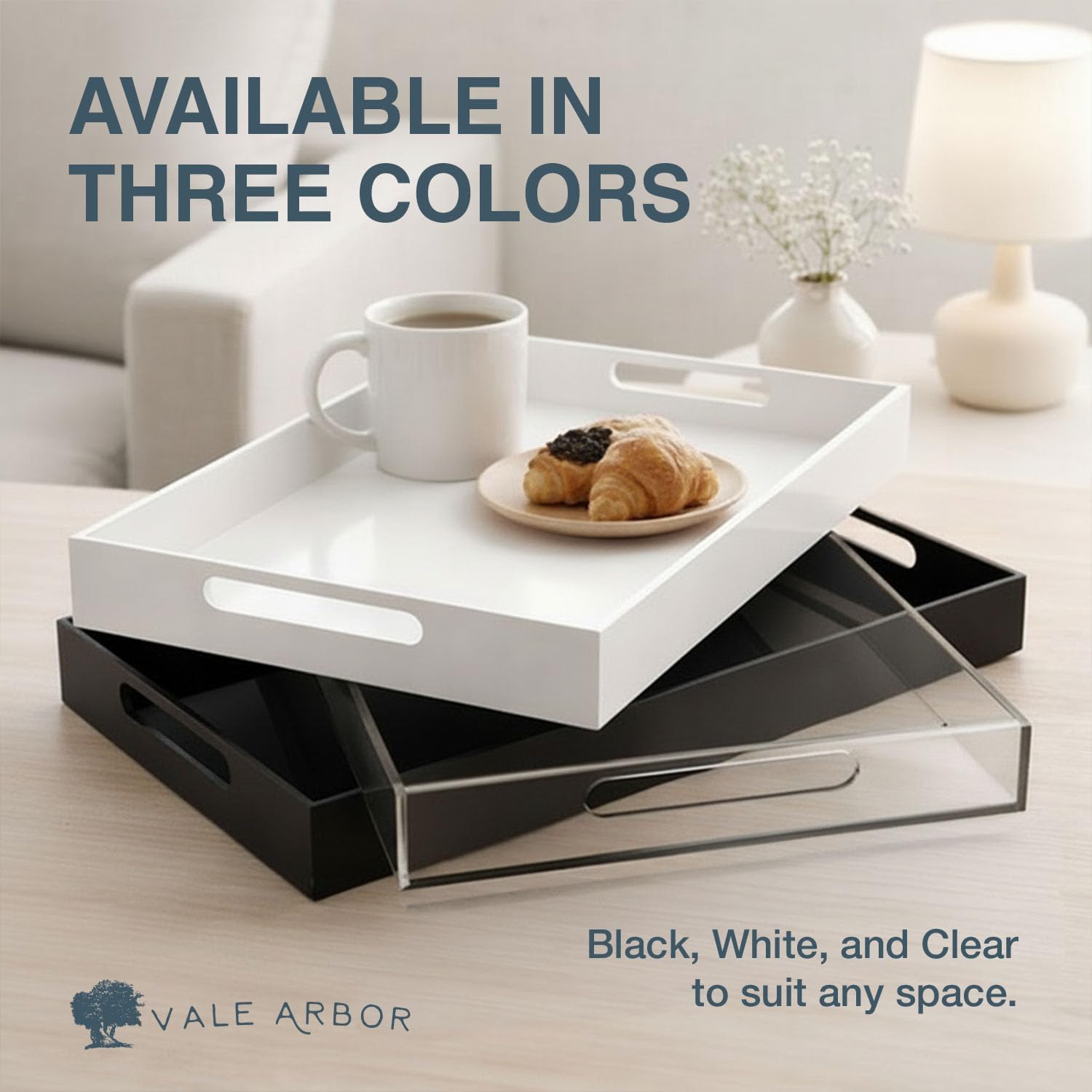 Clear Large Acrylic Serving Tray 20x12, Waterproof Modern Coffee Table Tray with Handles, Decorative Rectangle Acrylic Organizers for Living Room, Bar Cart, Bathroom Decor & Vanity Desk Decor