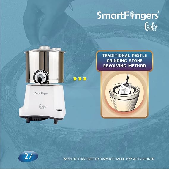 SmartFingers Comfort Plus, 2L Wet Grinder, White, 150W, 3 Speeds, Stainless Steel
