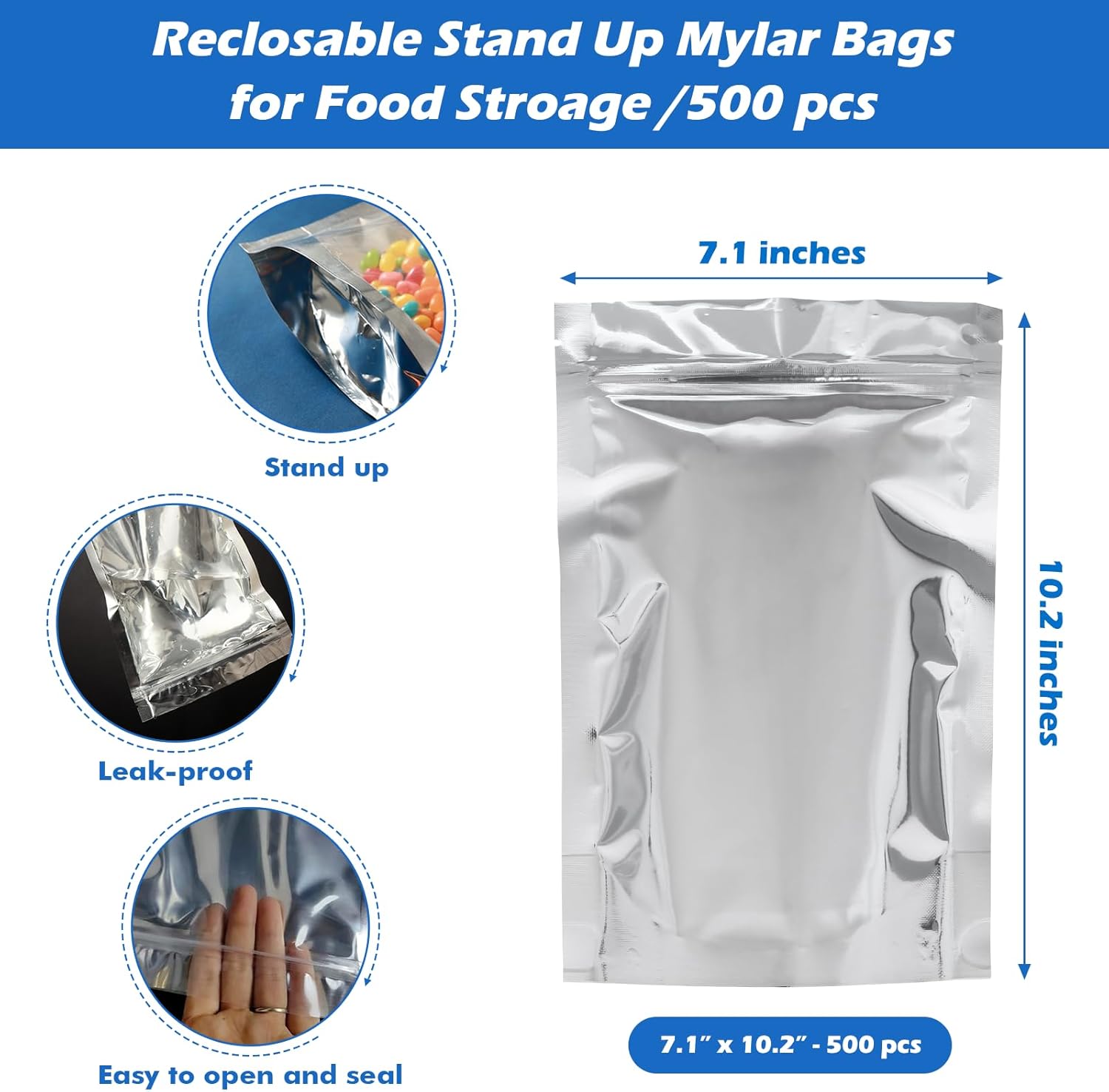500-Pack Reclosable Large Mylar Bags for Food Storage 7.1" x 10.2" 1 Quart Stand Up Pouch Bags Bulk Resealable Smell Proof Aluminum Silver Foil Bags with Clear Window Kitchen Storage Edible Packaging