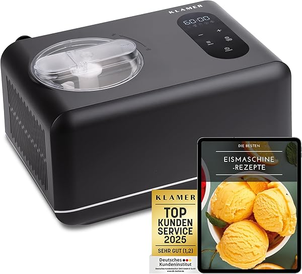 KLAMER 3-in-1 Eismaschine, Slush Maschine & Joghurtbereiter 1,5 L, 150 W Eiscrememaschine aus Edelstahl mit Kühl- & Heizfunktion, hausgemachtes Speise-, Slusheis mit selbstkühlendem Kompressor