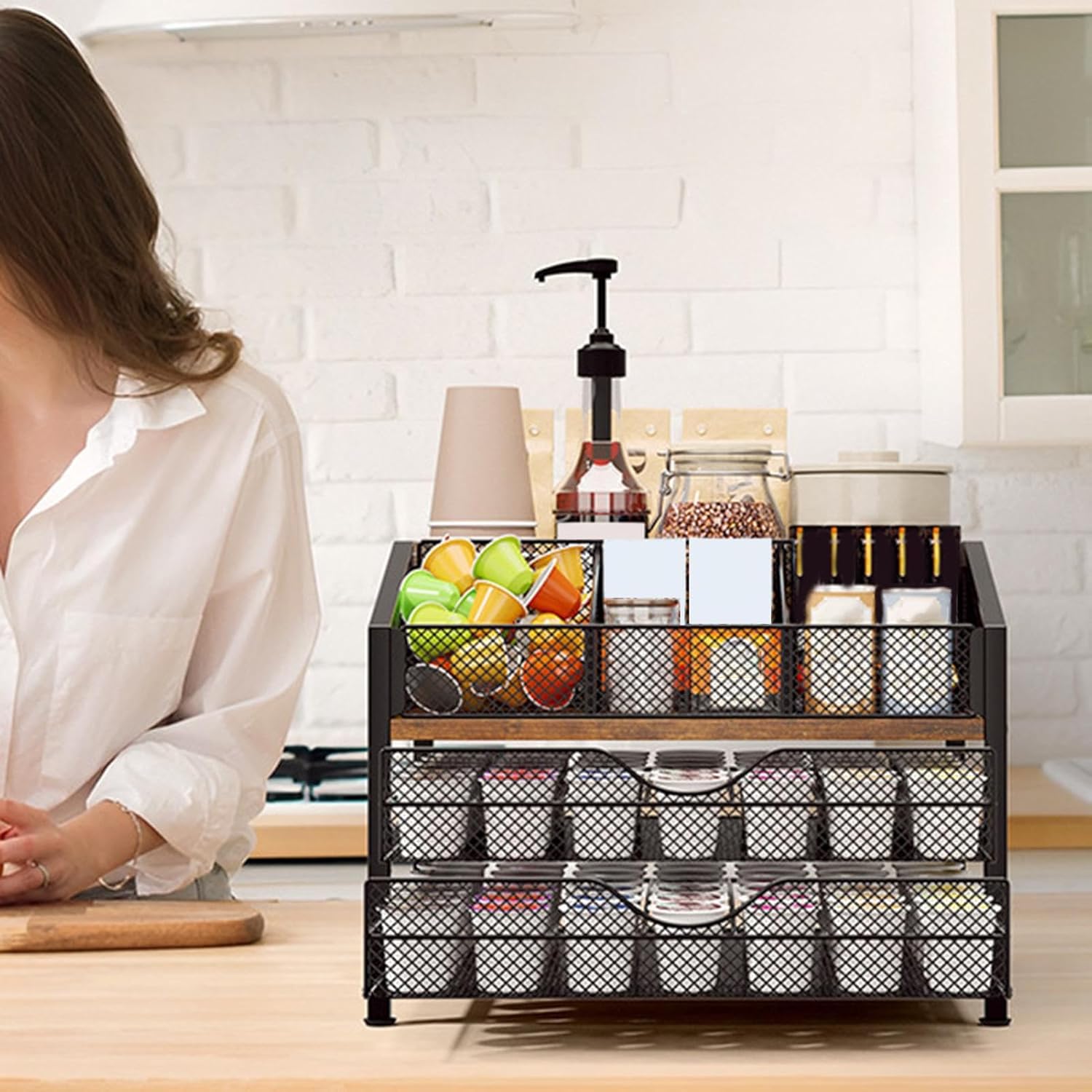 Coffee Pod Holder - 3-Tier Large Capacity Metal Wood Shelf - Coffee Pod Rack | for Drawer Counter Countertop Cabinet Desktop Wall Fridge Home Kitchen Bar Cafe Station