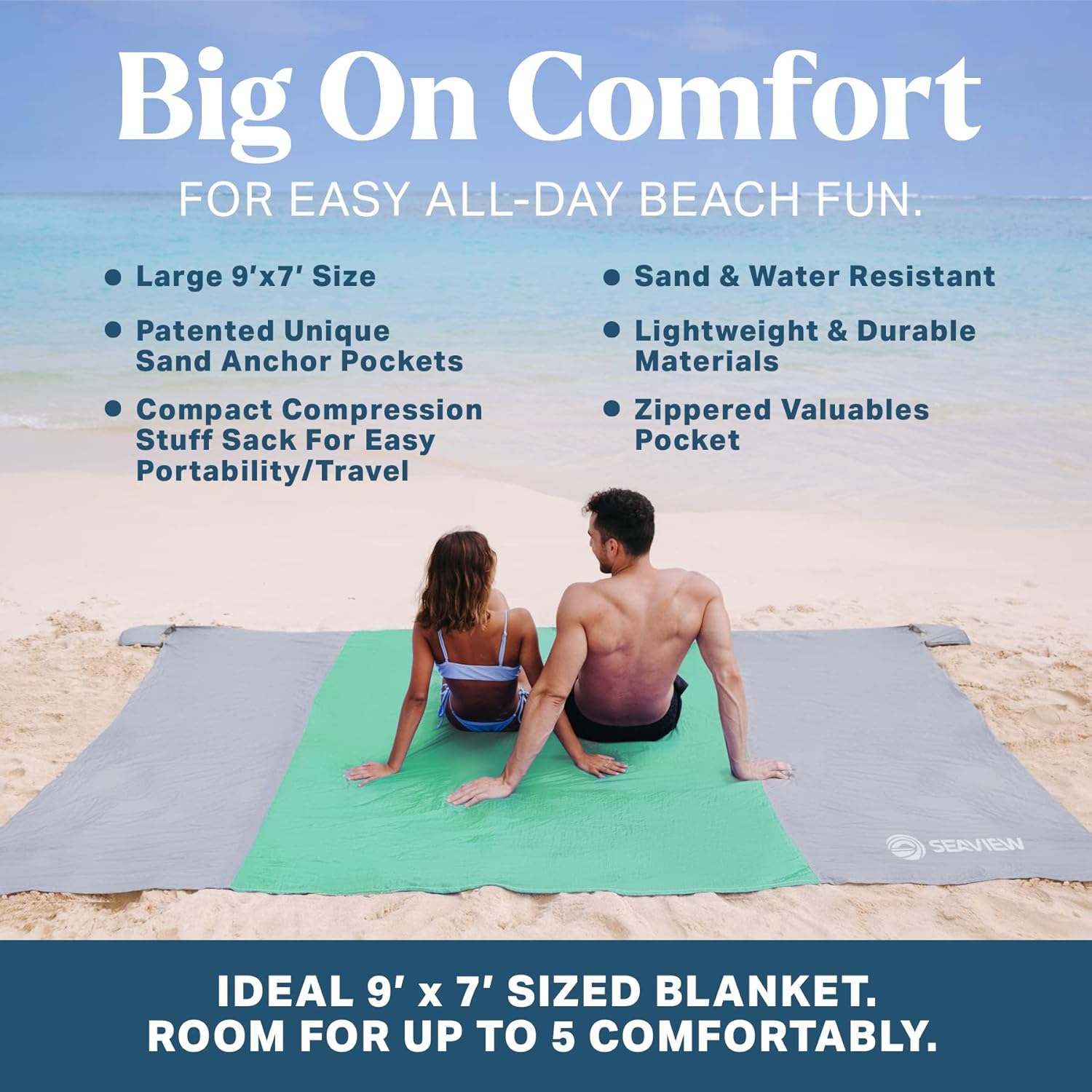 Seaview 180° Beach Blanket Waterproof Sandproof, Extra Large 6"x7" Sand Free Beach Mat for 1-6 Adults, Oversized Outdoor Blanket with 4 Sand Pockets, Portable Lightweight Packable - Picnic Mat