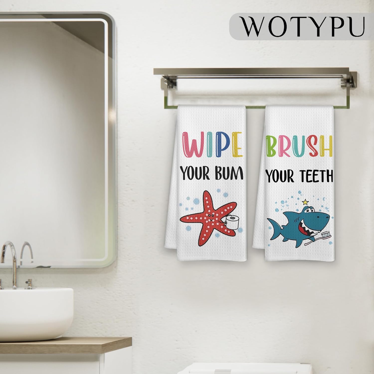 Kids Hand Dish Towels Set of 4, Kids Bathroom Hand Towels, Boys Girls Bathroom Decor, Wash Your Hands Flush The Toilet, Washroom Decor, 16X24In - Image 5