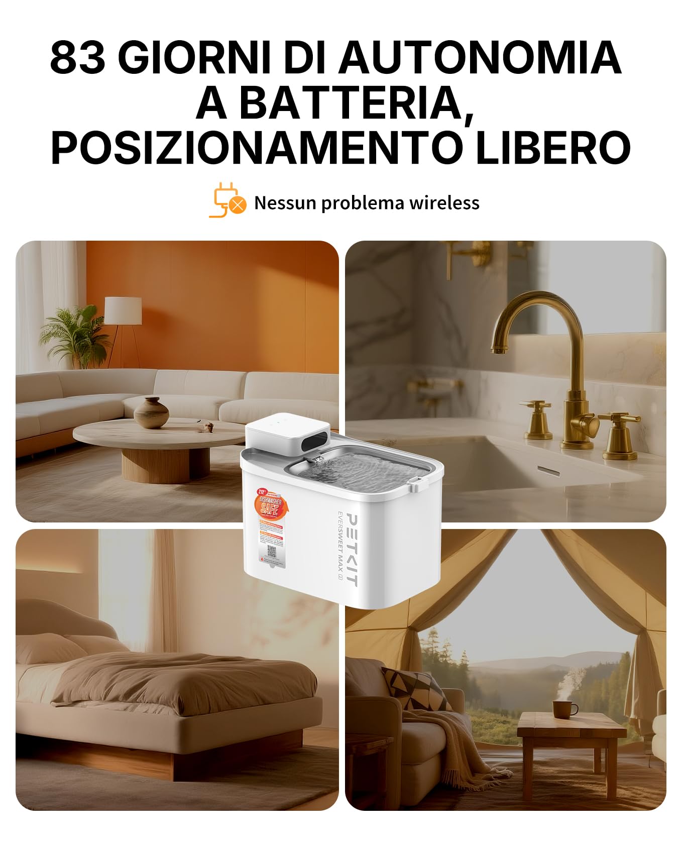 PETKIT EVERSWEET MAX 2 Fontanella per Gatti Senza Fili, 3L Fontana per Gatti con Sensore, Lavabile in Lavastoviglie, 25dB Ultra Silenziosa, Controllo App Intelligente, 5000 mAh Grande Autonomia