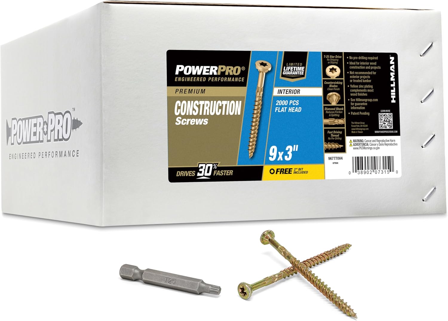 Power Pro 967770 Wood Screws, #9 x 3, Premium Star Drive Indoor Cabinet Screws, Gold Yellow Zinc, 1/4 Keg, 2000 pcs