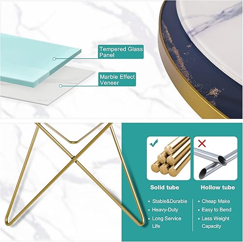 Miniatura 7 de HLR Mesa auxiliar redonda moderna, mesa auxiliar con parte superior de efecto mármol y marco de metal dorado, mesa auxiliar pequeña para sala de
