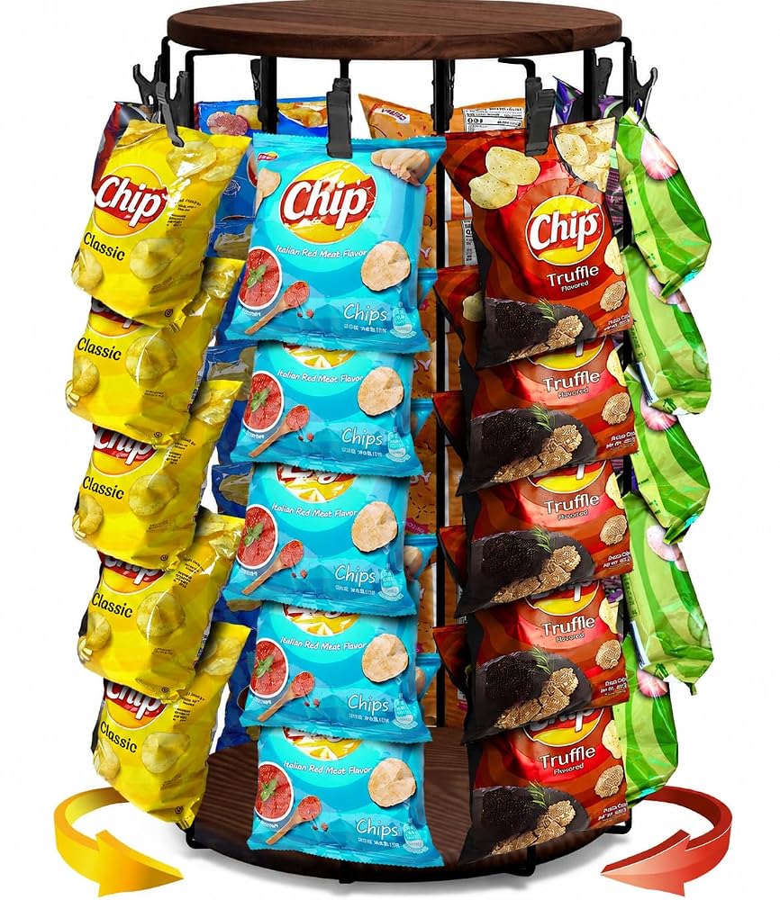 ROSROSE Chip Rack Display Stand, 40 Clips Rotating Snack Organizer, Brown