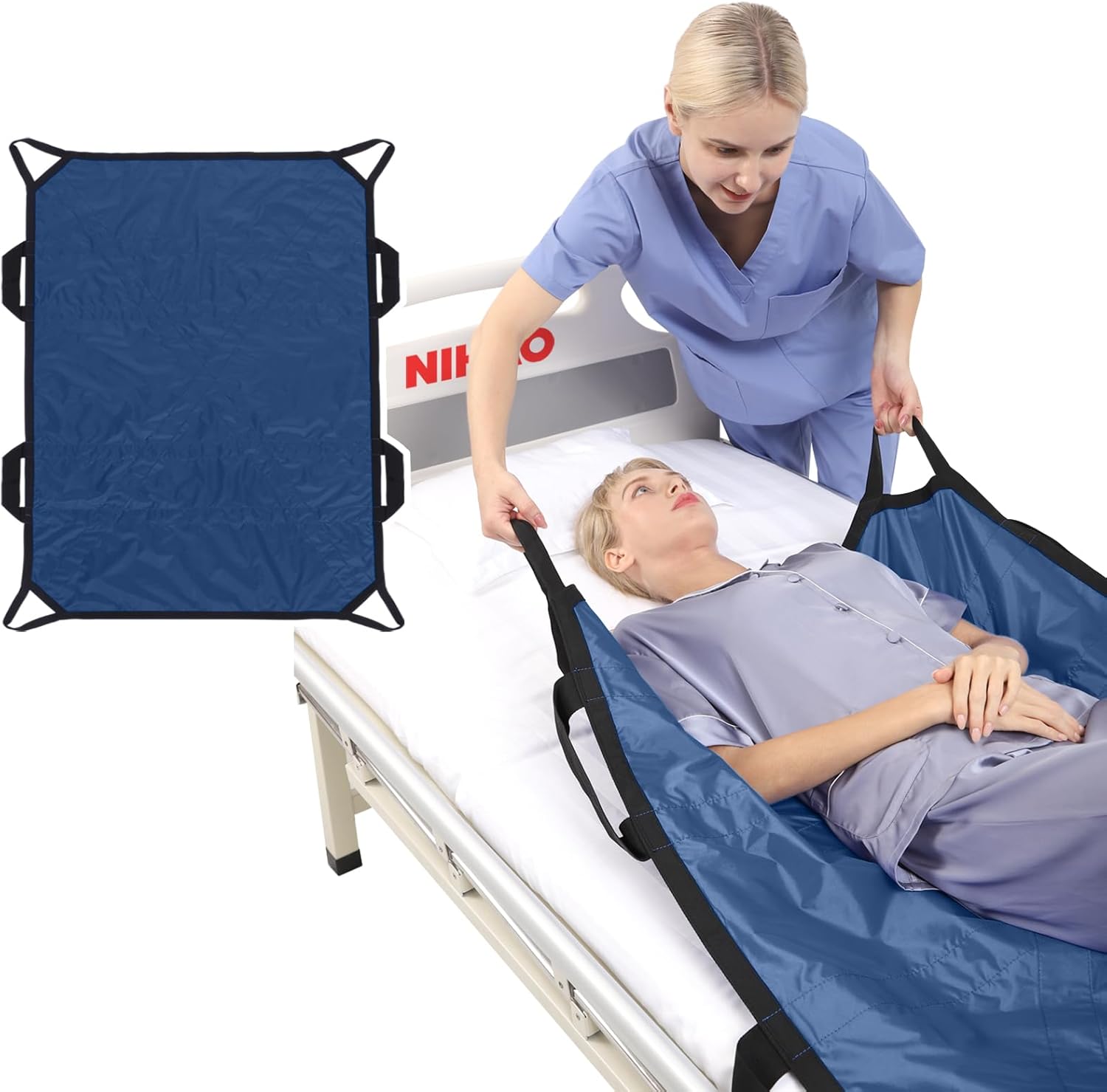 NIHAO Bed Positioning Pad with 8 Reinforced Handles 45" x 36" Patient Transfer Sheet Washable Reusable for Bedridden & Elderly Lifting Turning, Navy Blue