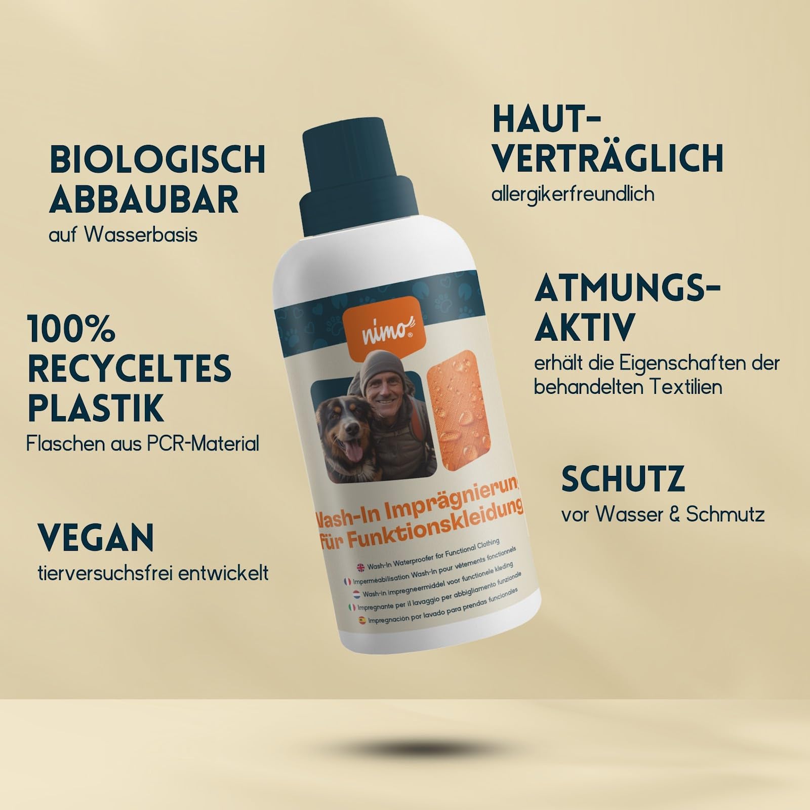 nimo® Wash-In Imprägnierung für Funktionskleidung | Imprägnierung gegen Regen & Schmutz für die Waschmaschine | Wasserabweisende Outdoor Kleidung | atmungsaktive Imprägnierung