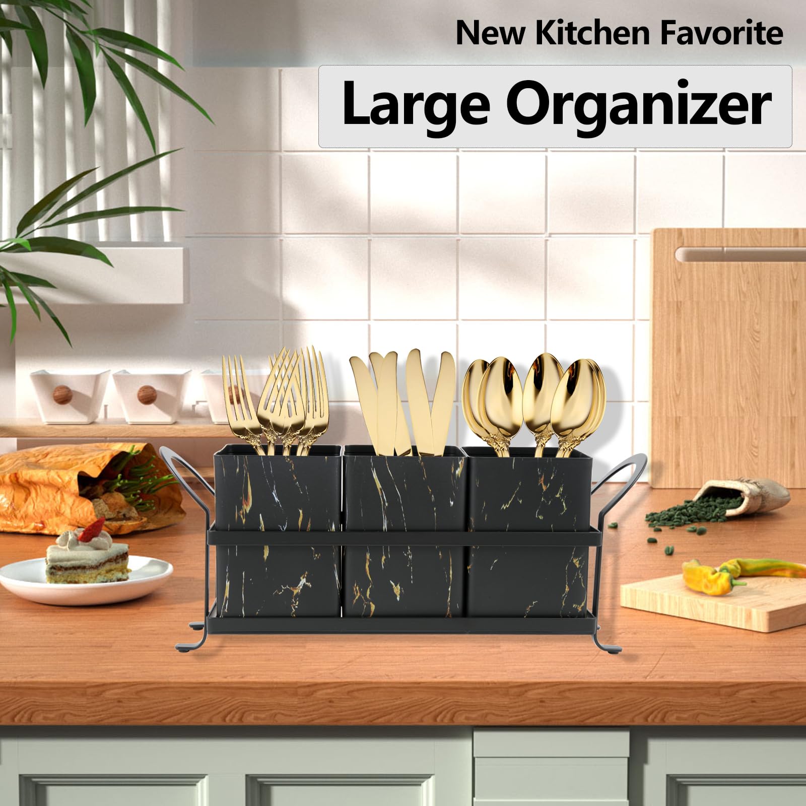 NelyBet Soporte para utensilios de cocina para encimera, organizador de cubiertos, mármol dorado negro, organizador de cubiertos para reuniones de fiestas, metal y diseño duradero