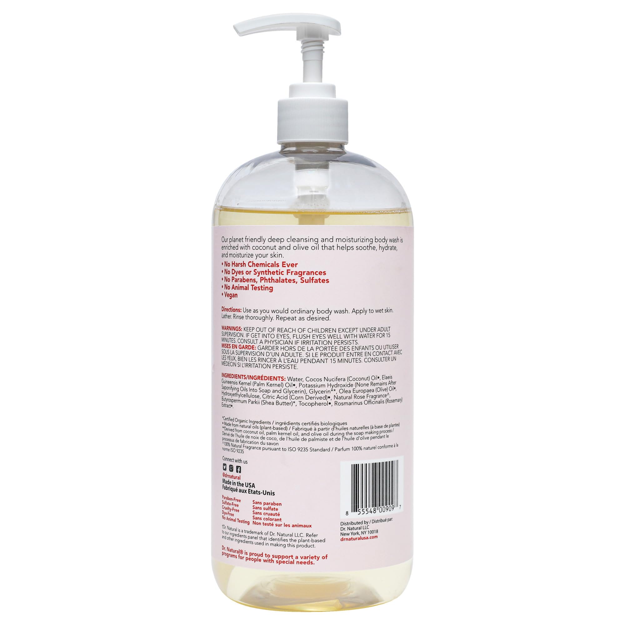 Dr. Natural Ożywczy płyn do mycia ciała z wodą różaną - nawilżający naturalny płyn do mycia ciała z masłem shea i olejem kokosowym - dla rodziny i zwierząt domowych - 946 ml