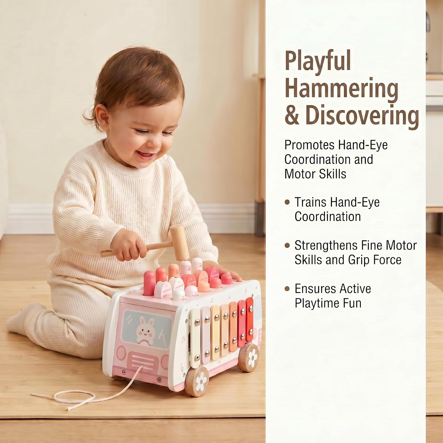 5-in-1 Wooden Montessori Toy for Toddlers 1-3, Pounding, Xylophone, Magnetic Fishing, Gear and Push Car Activity Toy for Learning and Fine Motor Skills image 3