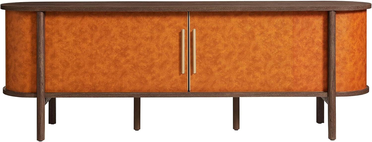 Modway Coralie 71 Inch Oval Leather TV Stand in Walnut Tan – Vintage Mid Century Modern Entertainment Center with Sliding Doors – Low-Profile Media Console