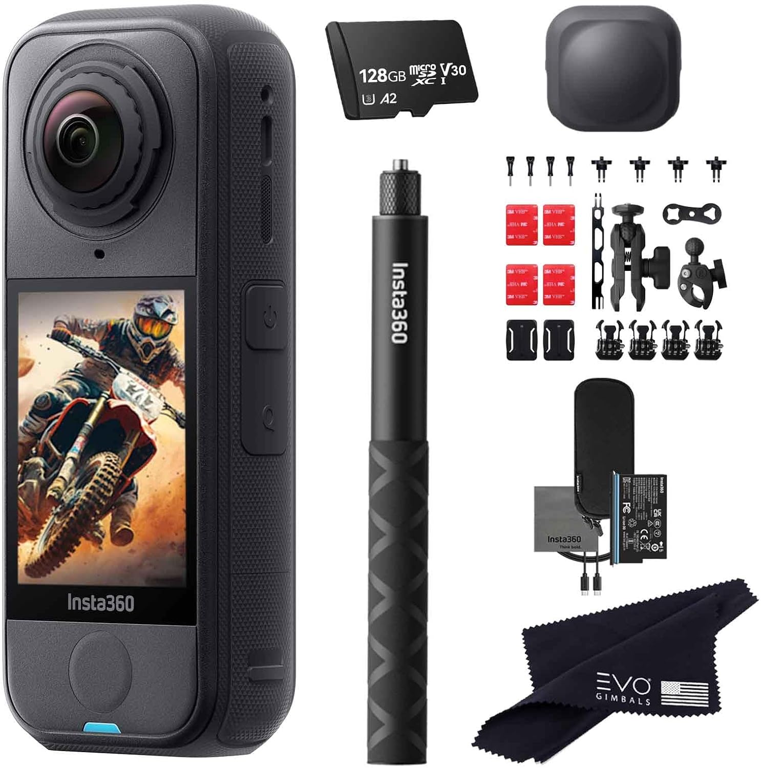 Insta360 X4 Air Motorcycle Bundle | Lightest 8K 360 Waterproof Action Camera for Epic Adventures, Replaceable Lenses| Bundle Includes Invisible Selfie Stick, Lens Cap, Motorcyle Bundle(128GB)