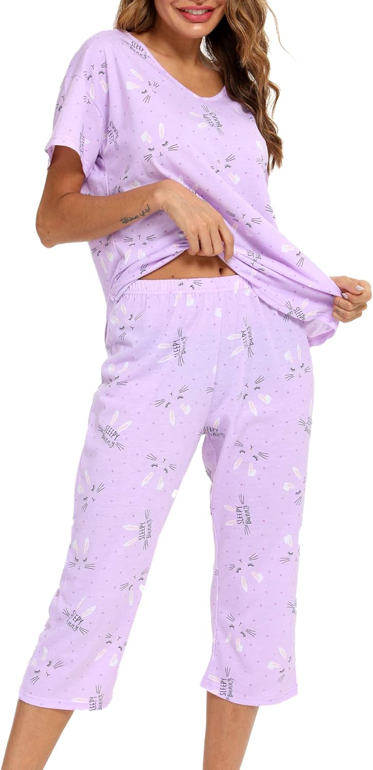 ENJOYNIGHT Womens Pajama Sets Cotton Summer Pjs Tops with Capri Pants Sleepwear - Image 2