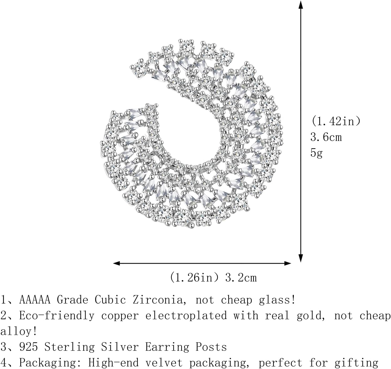 Large Round Crystal CZ Stud Earrings for Women S925 Sterling Silver Hypoallergenic Cubic Zirconia Rhinestone Statement earrings for Wedding Party Prom Gala Gift