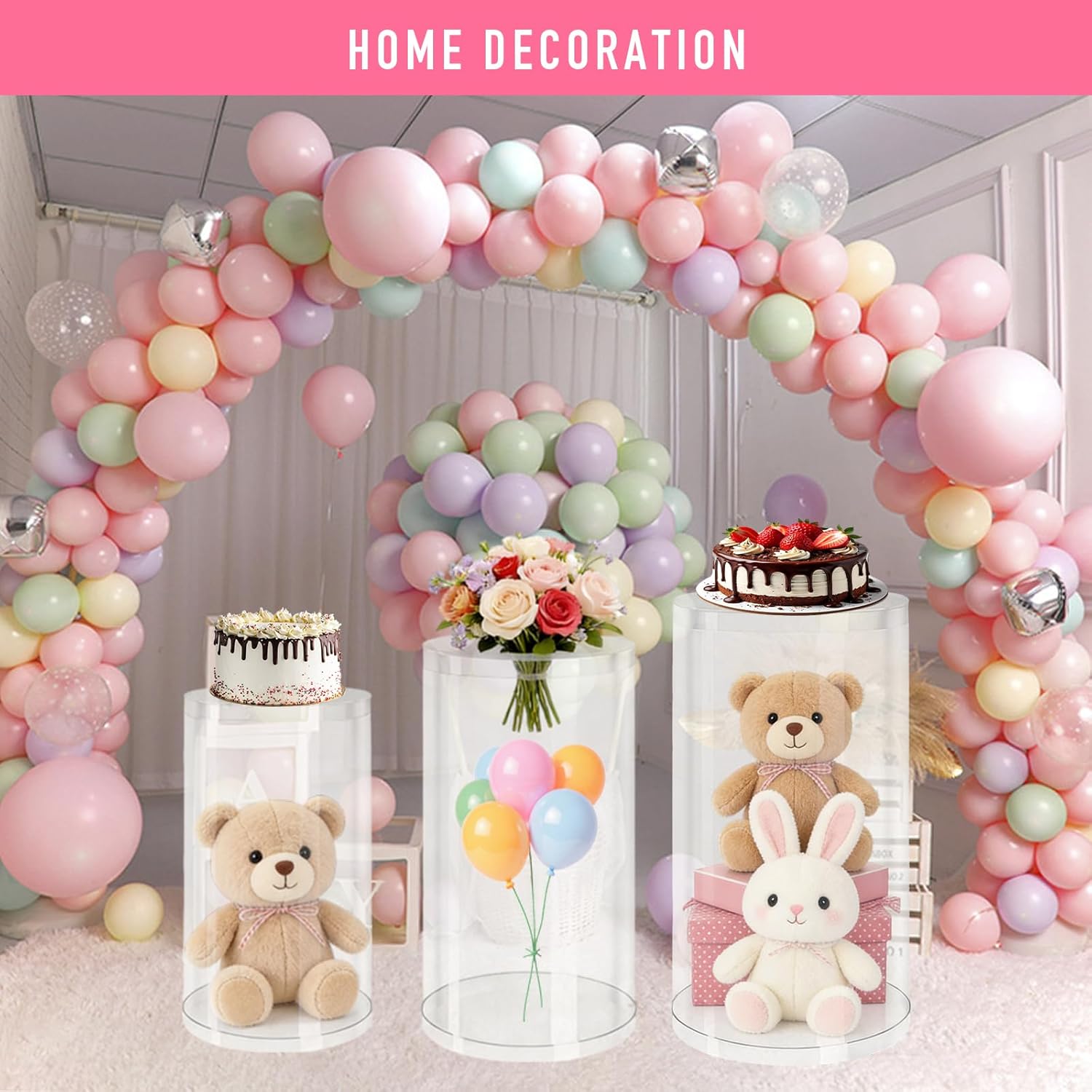 3 Pcs Cylinder Stands for Party, PVC Clear Cake Pedestal Stand,Round Reusable Pedestal Display Plinth Pillarsfor Birthday Wedding Baby Shower Decoration,23.62''(L) 21.65'' (M) 19.69'' (S)
