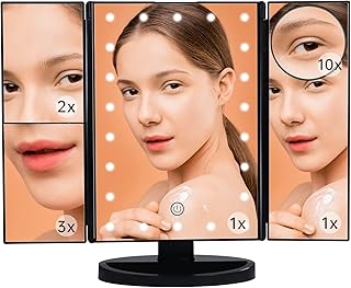 Makeup Mirrors Lighted Magnifying,22 Led Trifold 3 Way Mirror with 1/2/3/10X Magnification,Dimmable Lighting Touch Screen Vanity Mirrors,180° Rotation Portable USB Battery Power Supply(Midnight Black)