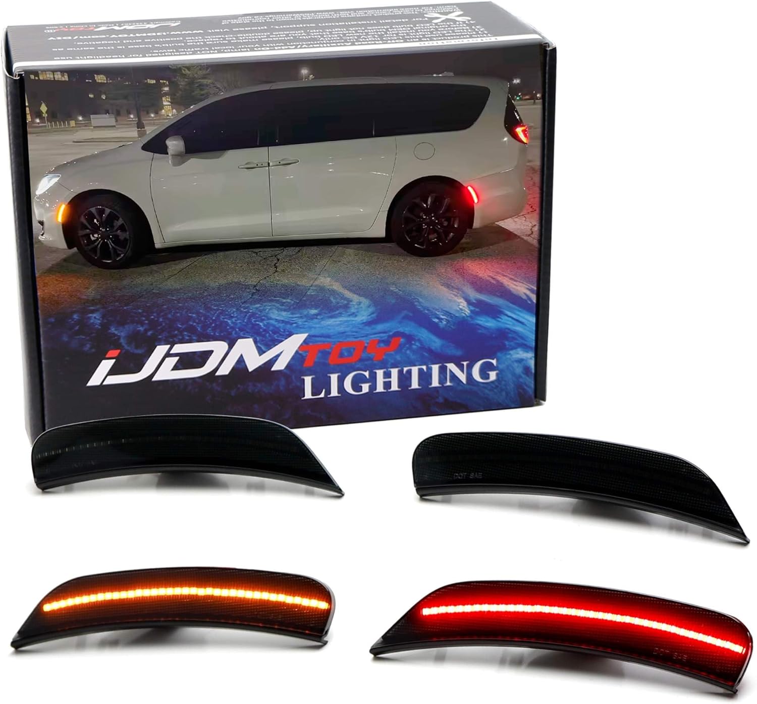 iJDMTOY 4pc Set Black-Out Dark Lens Front/Back Full LED Side Marker Lights Compatible With 2017-up Chrysler Pacifica Pinnacle Voyager, Replace OEM Amber/Red Lens Sidemarkers