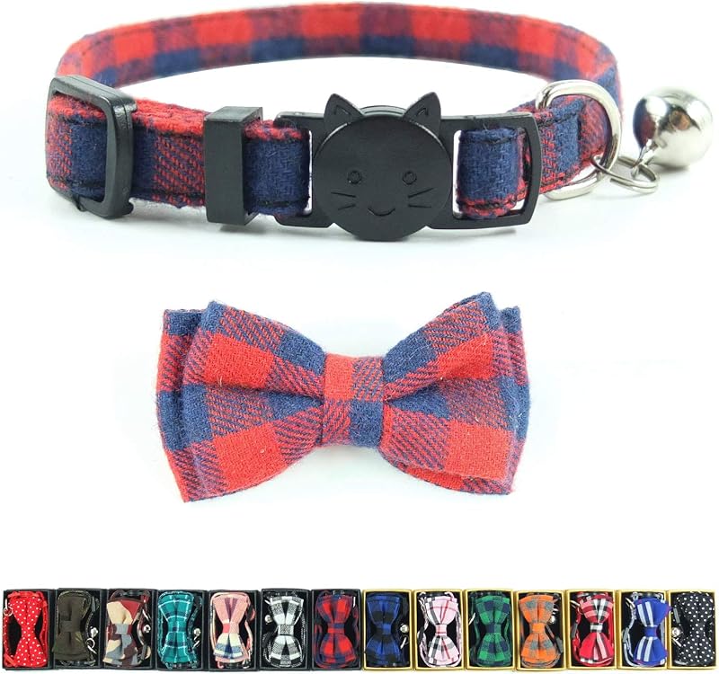 Coleira para Gatos com Fecho de Segurança, Sino e Gravata-Borboleta em Algodão Xadrez Pipidog — Vermelho Xadrez 2