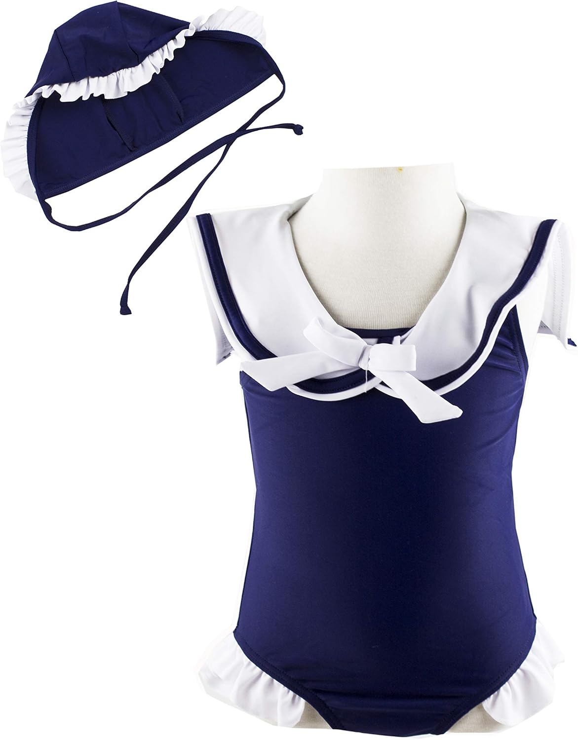 stylesilove Baby Girl Sleeveless Navy Sailor Swimsuit and Hat 2-pc Swimwear Girls Bathing Suit