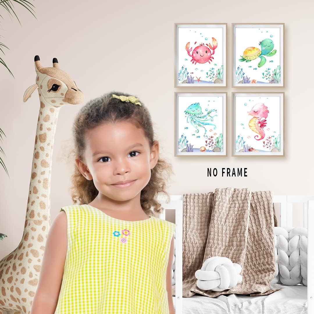 Watercolor Sea Marine Life Wall Art Prints,Sea Animals Prints Ocean Creatures Turtle,octopus,Hippocampus,Crab,Posters for Baby Nursery Kids Room Wall Decor Children's Bathroom Decor,Set of 4(8" X 10"