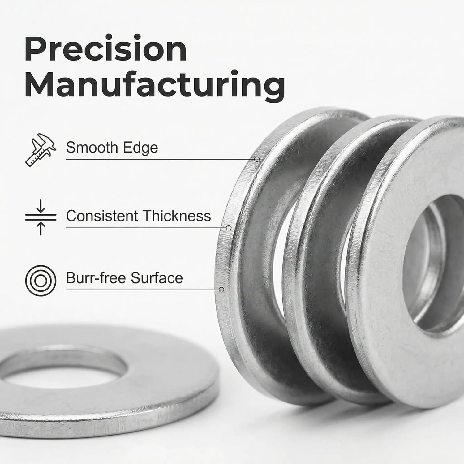 180 Pcs Stainless Steel Flat Washers for Screws, 304 Stainless Steel, Assorted Sizes (M2 M2.5 M3 M4 M5 M6 M8 M10) for Industrial Use, Washers for Bolts