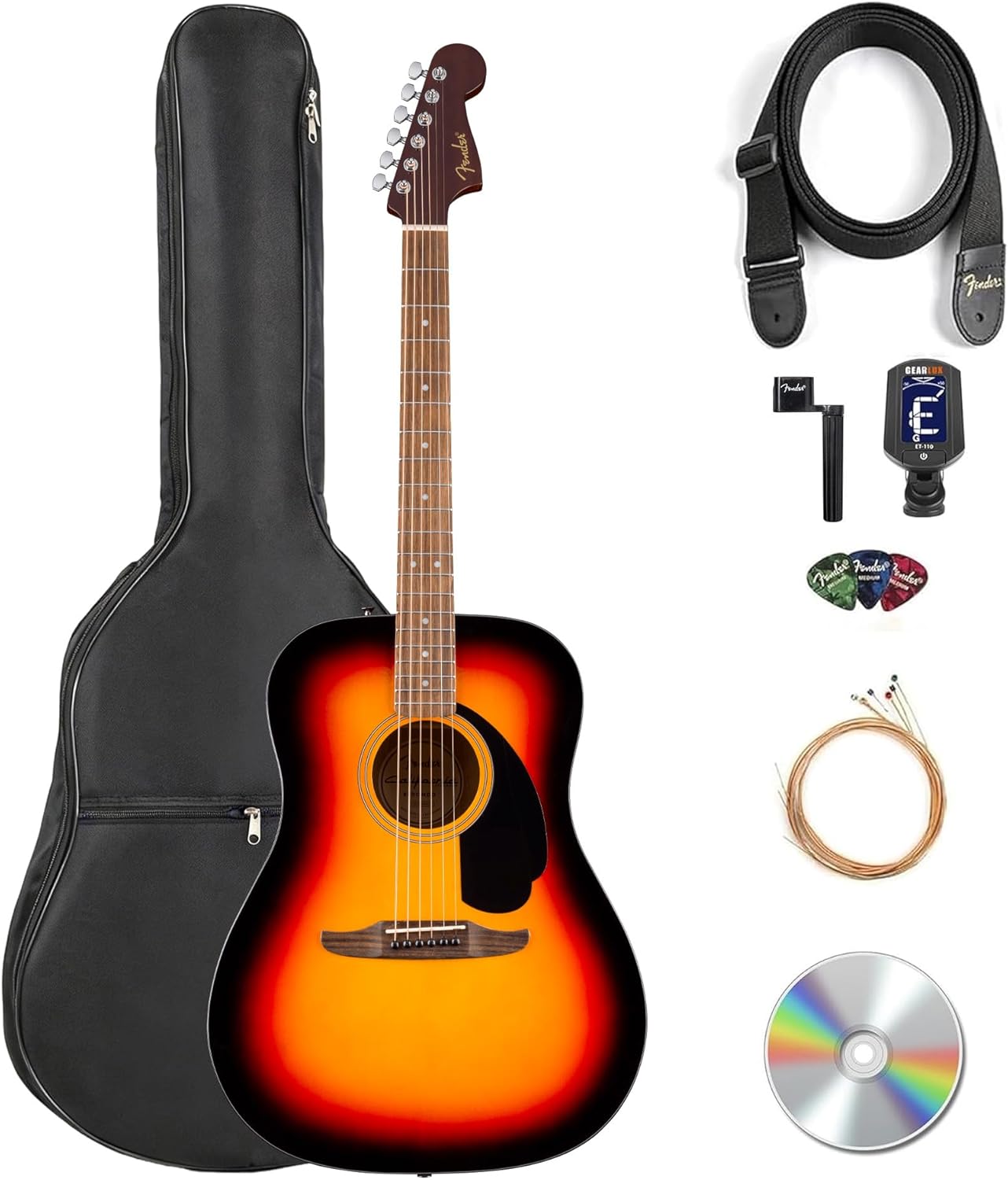 Fender Classic Design Dreadnought Guitar - Black Bundle with Gig Bag, Tuner, Strap, Strings, String Winder, Picks, and Austin Bazaar Instructional DVD