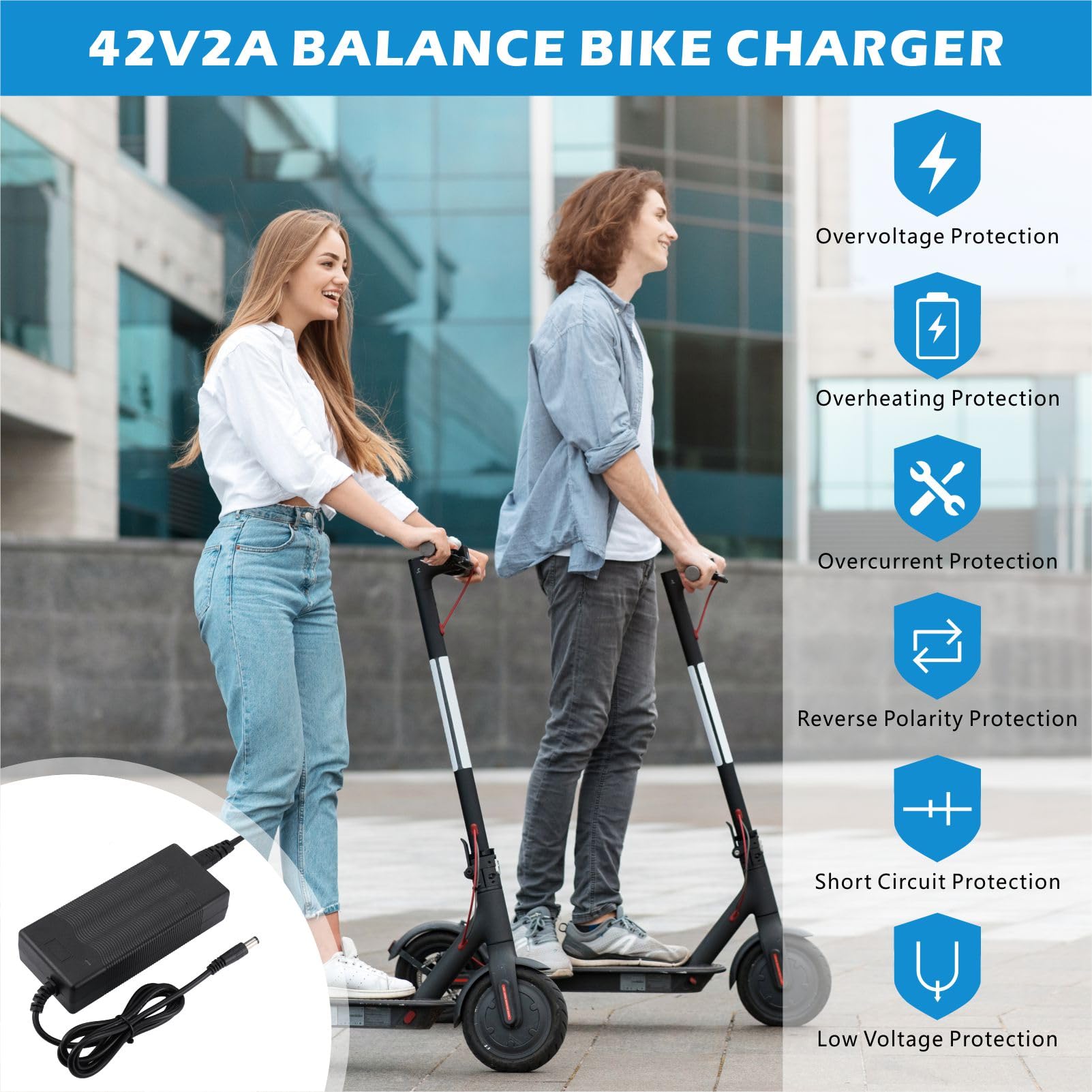JIZZU Ładowarka do skutera elektrycznego, 36 V, 42 V, 2 A, AC, zasilacz sieciowy, do roweru, hoverboard kabel do ładowania z 6 przyłączami, akumulator do deskorolki elektrycznej