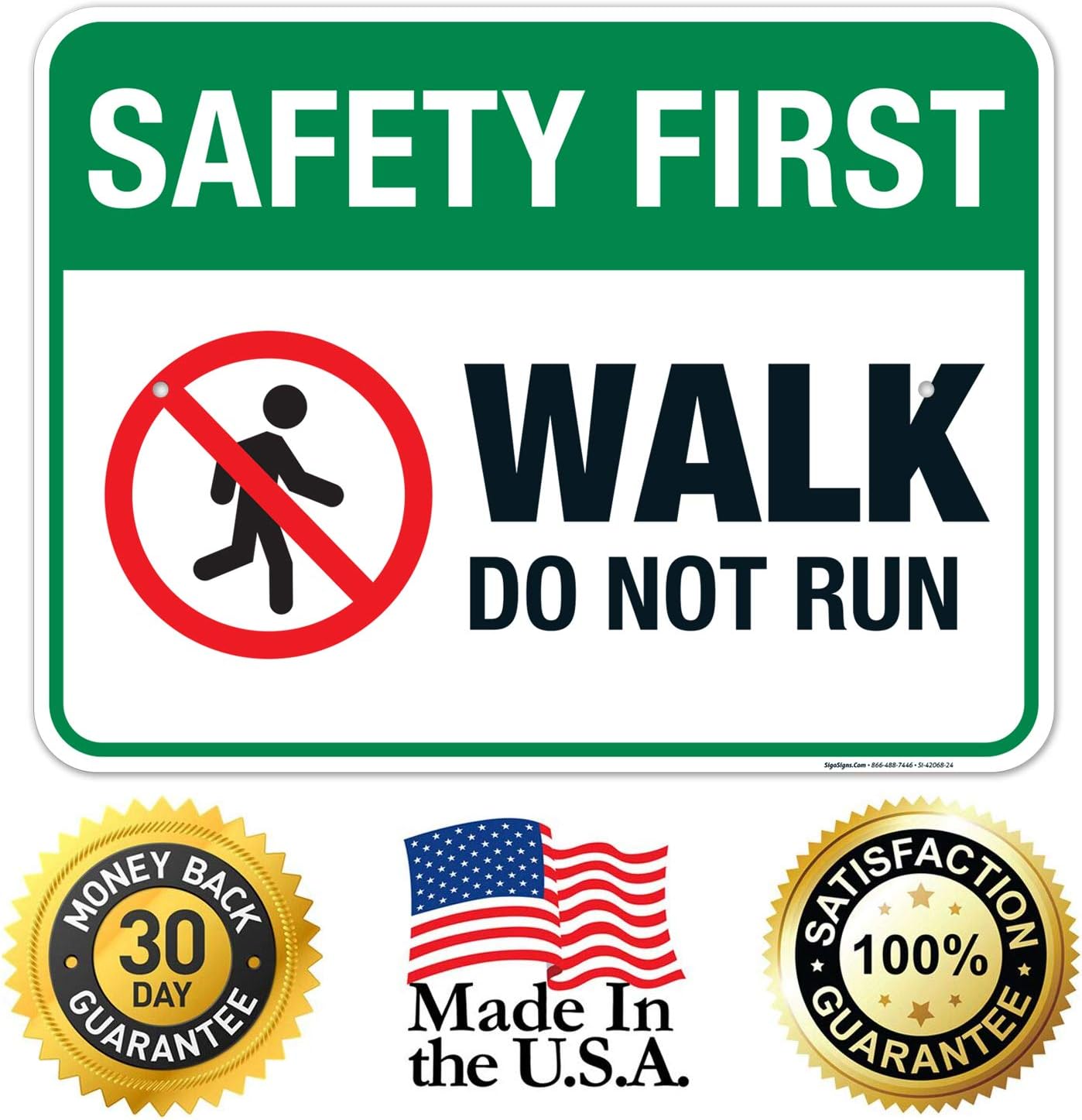 Pool Sign, Safety First Walk Do Not Run Sign, 18x24 Inches, Rust Free .063 Aluminum, Fade Resistant, Easy Mounting, Indoor/Outdoor Use, Made in USA