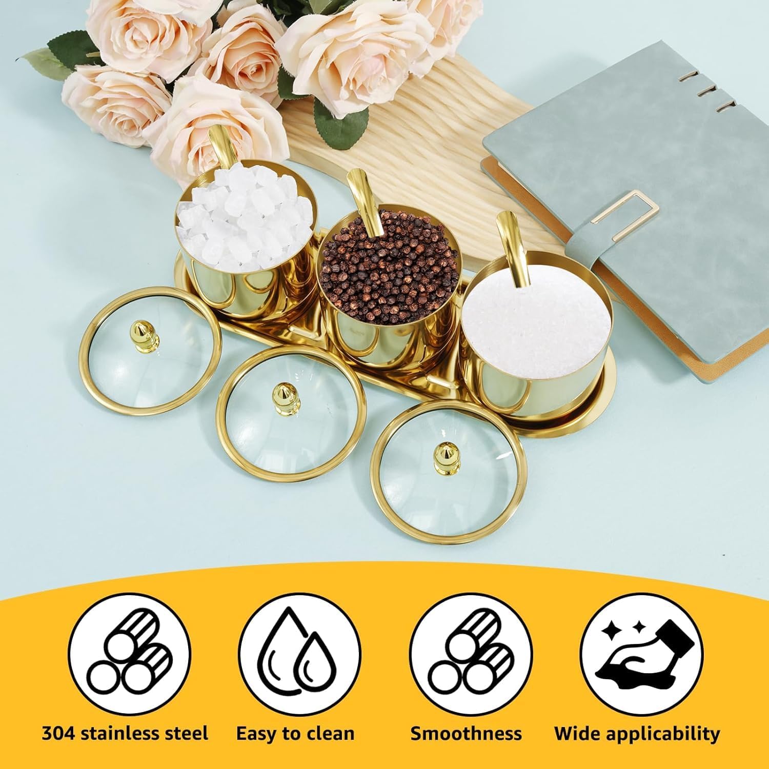 Sugar Shaker,Sugar Container,Sugar Dispenser,Stainless Steel Sugar Bowl Set,3 Grid Condiment Jar Set with Tray Reusable Condiment Canisters Pots Set