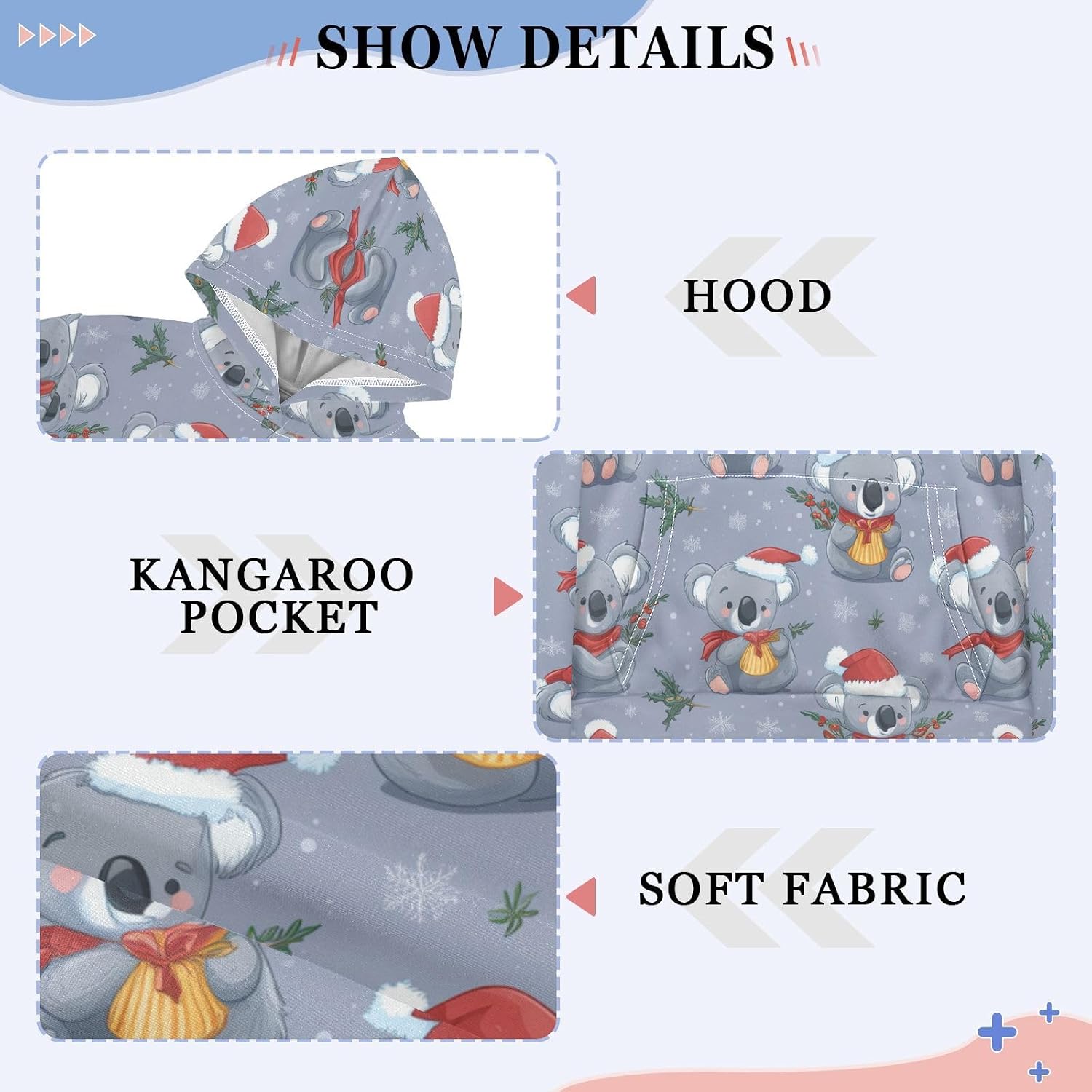 ZZXXB Koala Holly Leaf Kids Sweatshirts Boys Girls Hooded Kangaroo Pocket Pullover Tops XS-XXL