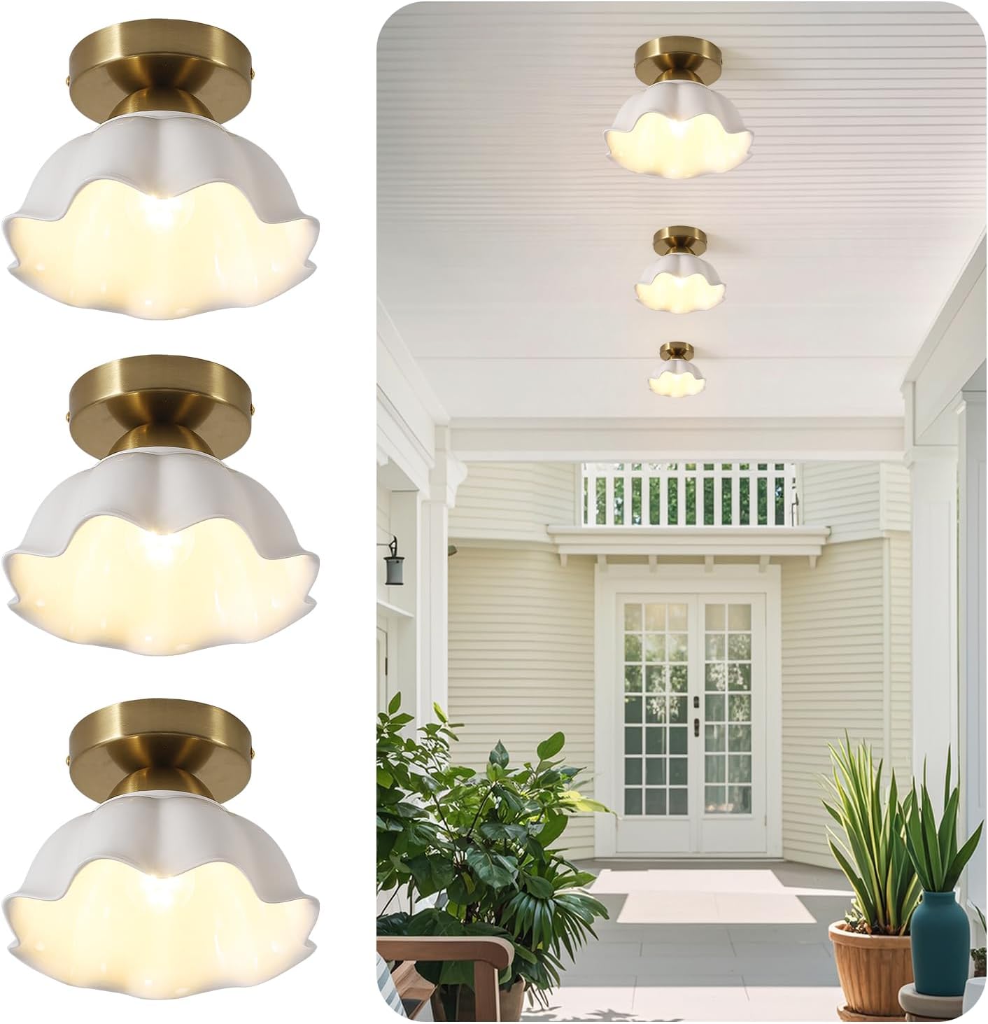 Semi Flush Mount Ceiling Light Industrial Modern Close to Ceiling Light Fixture Glass Gold Ceiling Lamps Brushed Brass Hallway Light Fixture for Hallways Dining Room Foyer 3 Pack MCL10B-3