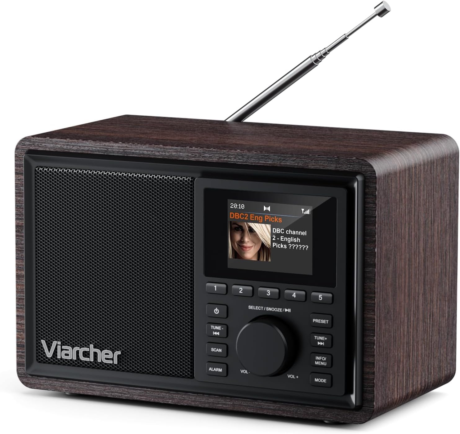 DAB/DAB+ & FM Digitalradio mit Bluetooth, Küchenradio mit Dual-Weckfunktion, Schlaf-Timer, 60 Sendern, AUX, Farbdisplay, Nussbaum-Optik