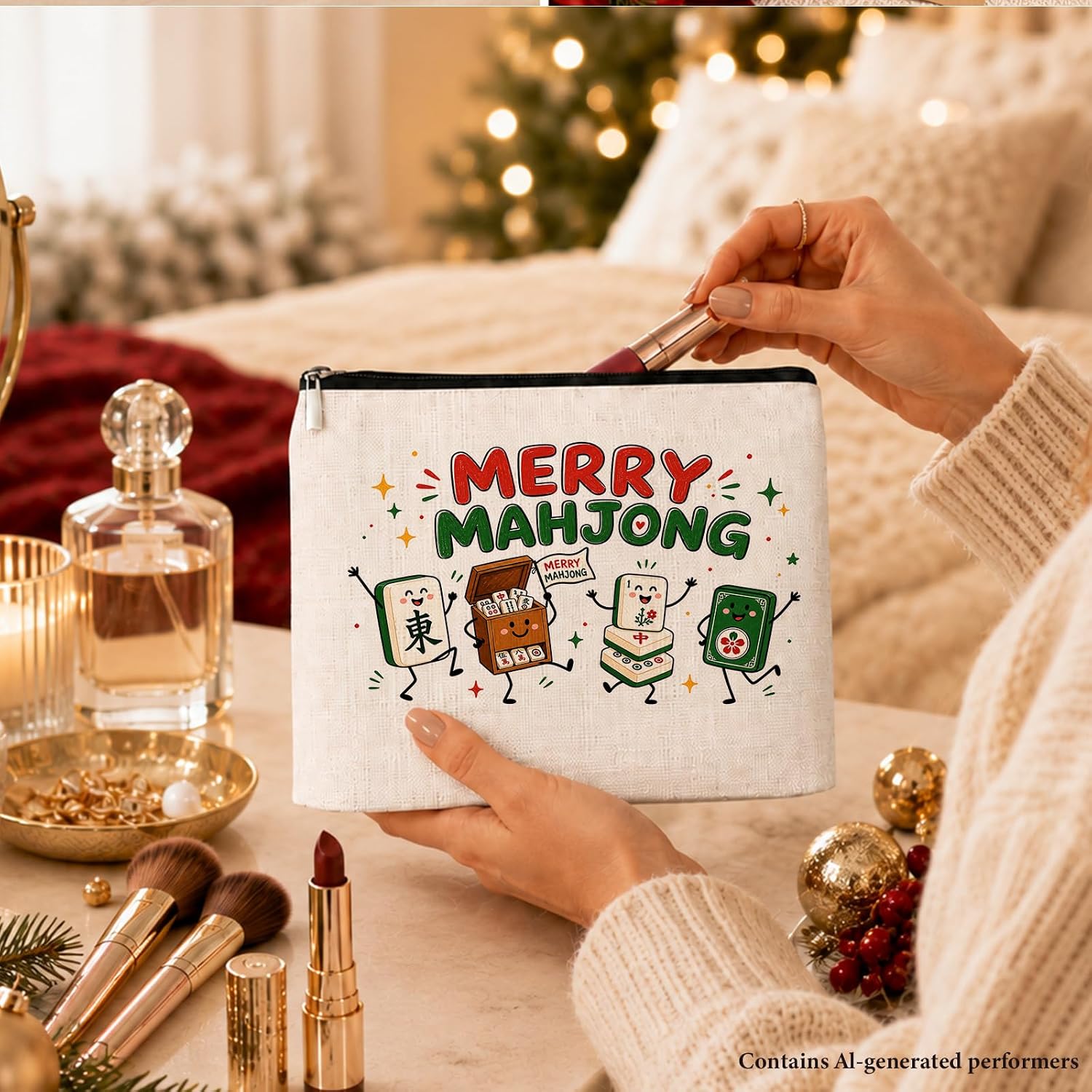 Cute Christmas Mahjong Lover Gifts, Merry Mahjong Makeup Bag for Women image 4
