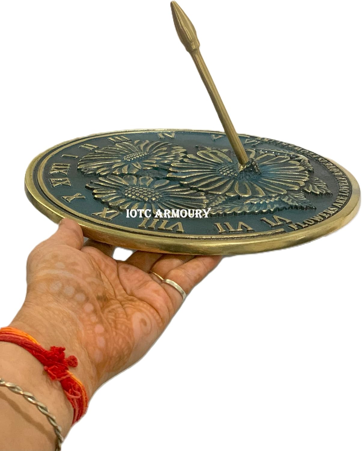 Solid Brass 10" Dia Flowers Garden Sundial with Verdigris Highlights Sundial, Wedding Gift, Birthday Gift Idea,Couple Gift Sundial Idea