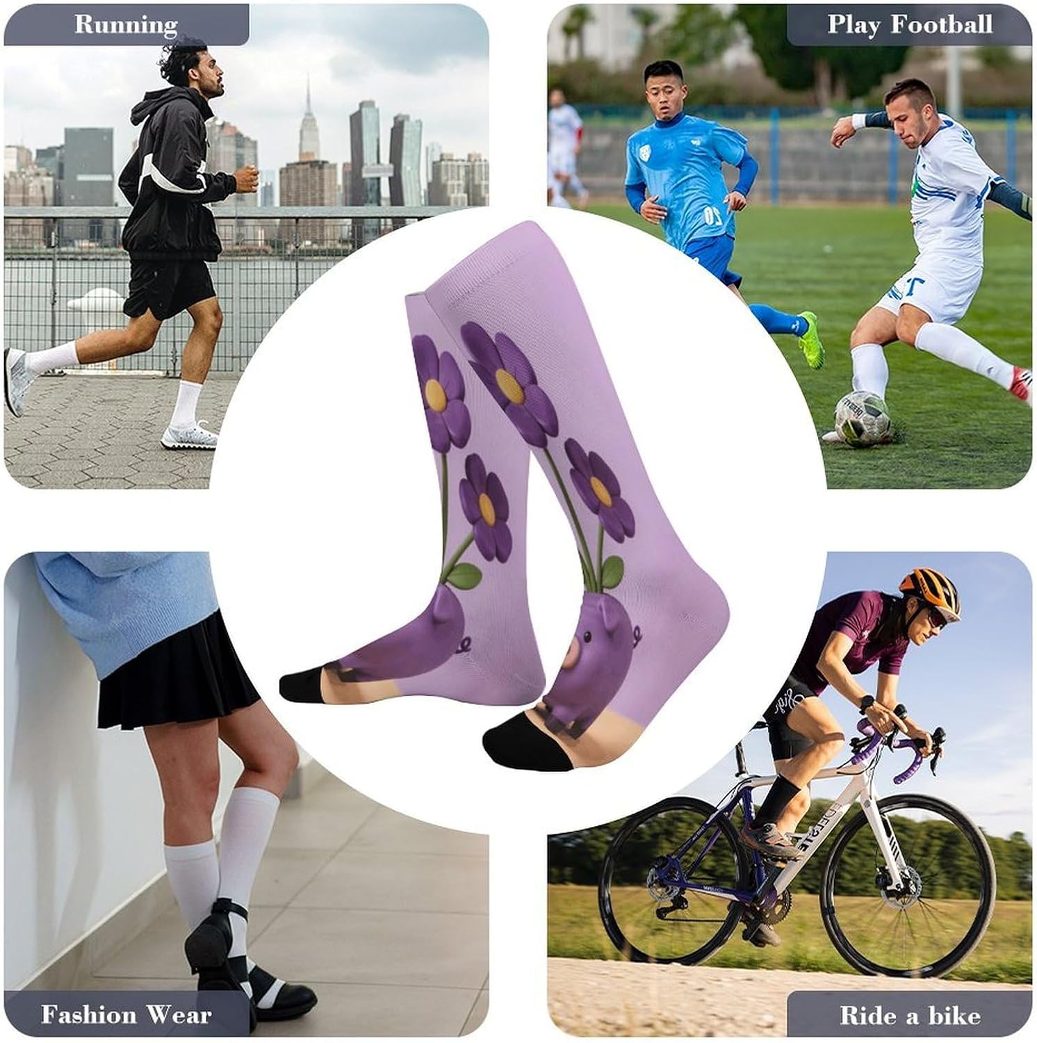 Purple Piggy Flowers Compression Socks for Men Women | Funny Novelty Knee High Socks, Breathable Cozy Soft Football Sock, Over The Calf Socks for Casual Work Athletic Sock & Gifts