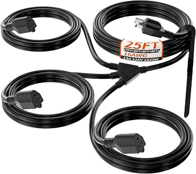PlugSaf 1 to 3 Splitter Outdoor Extension Cord with Multiple Outlets; 25FT Total7+6+6+6 13FT End to End; 16/3 SJTW Black Extension Cord Outdoor Waterproof for Halloween Christmas; 16AWG 1625W ETL