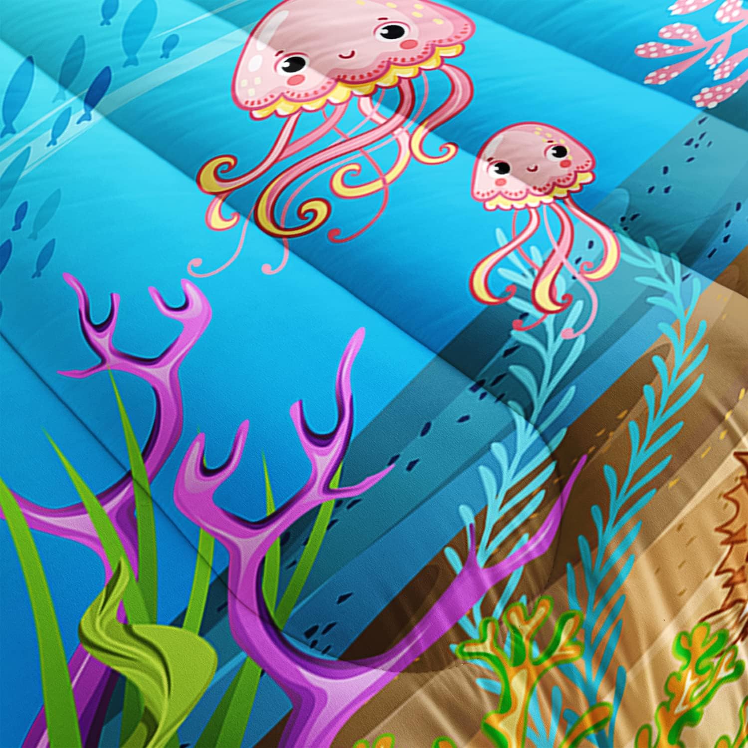 Turtle Comforter Set Full Ocean Watercolor Sea Turtle Bedding Set Tropical Fish Marine Life Bed Set with 2 Pillowcases for Kids Room Decor