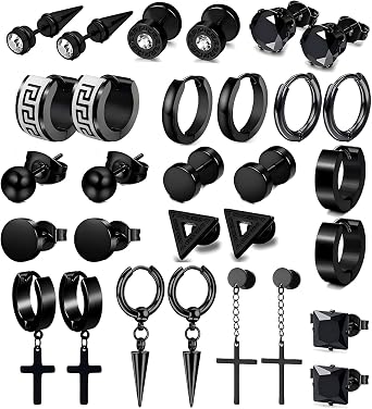 15 Pairs Men's Earrings Set for Men Women, Gothic Punk Y2K Stainless Steel Earrings, Hoop, Dangle, Cross, Stud Earrings in Black Silver and Gold, Fashion Jewelry Gift for Him Her