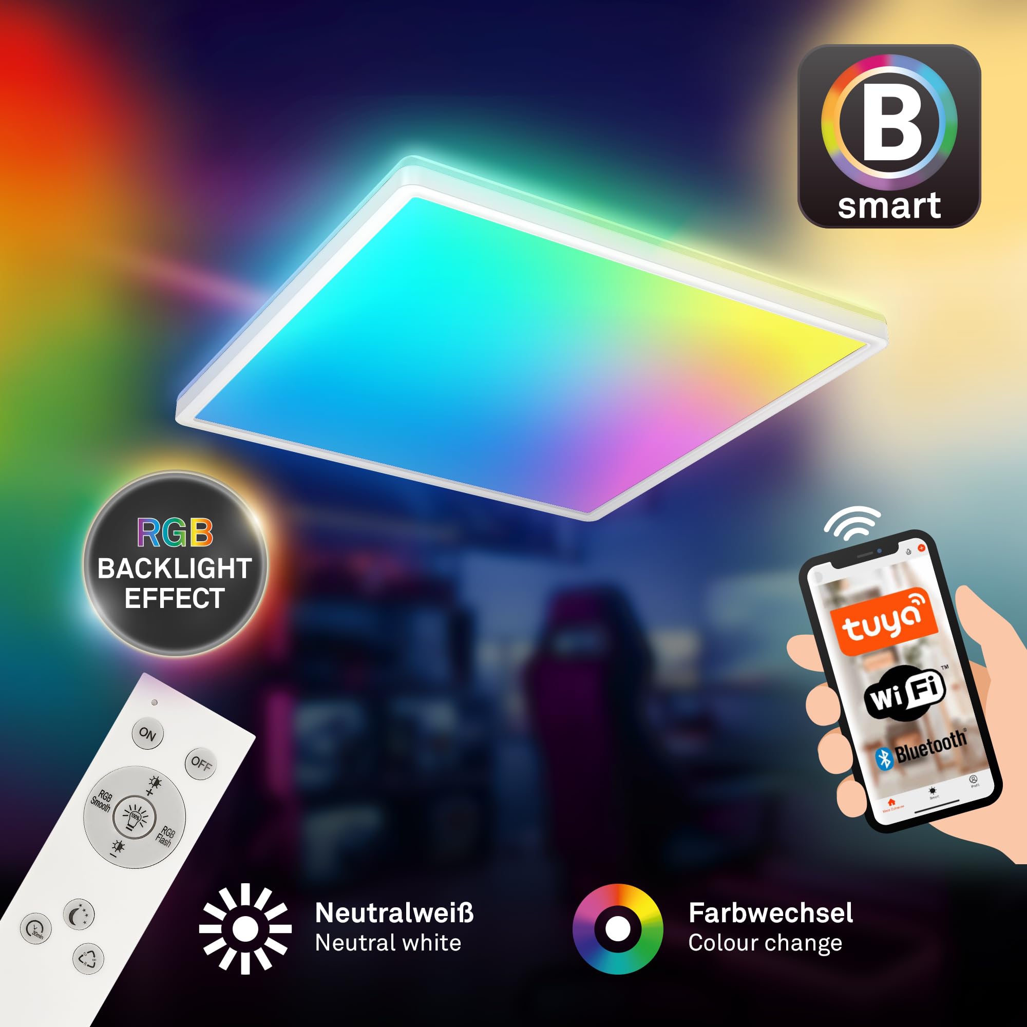 BRILONER - LED Deckenlampe flach Smart Home, funktioniert mit Alexa, buntes RGB+W Licht, Lampe, Deckenleuchte, Wohnzimmerlampe, LED Panel, Schlafzimmerlampe, 42x42x3 cm, Weiß