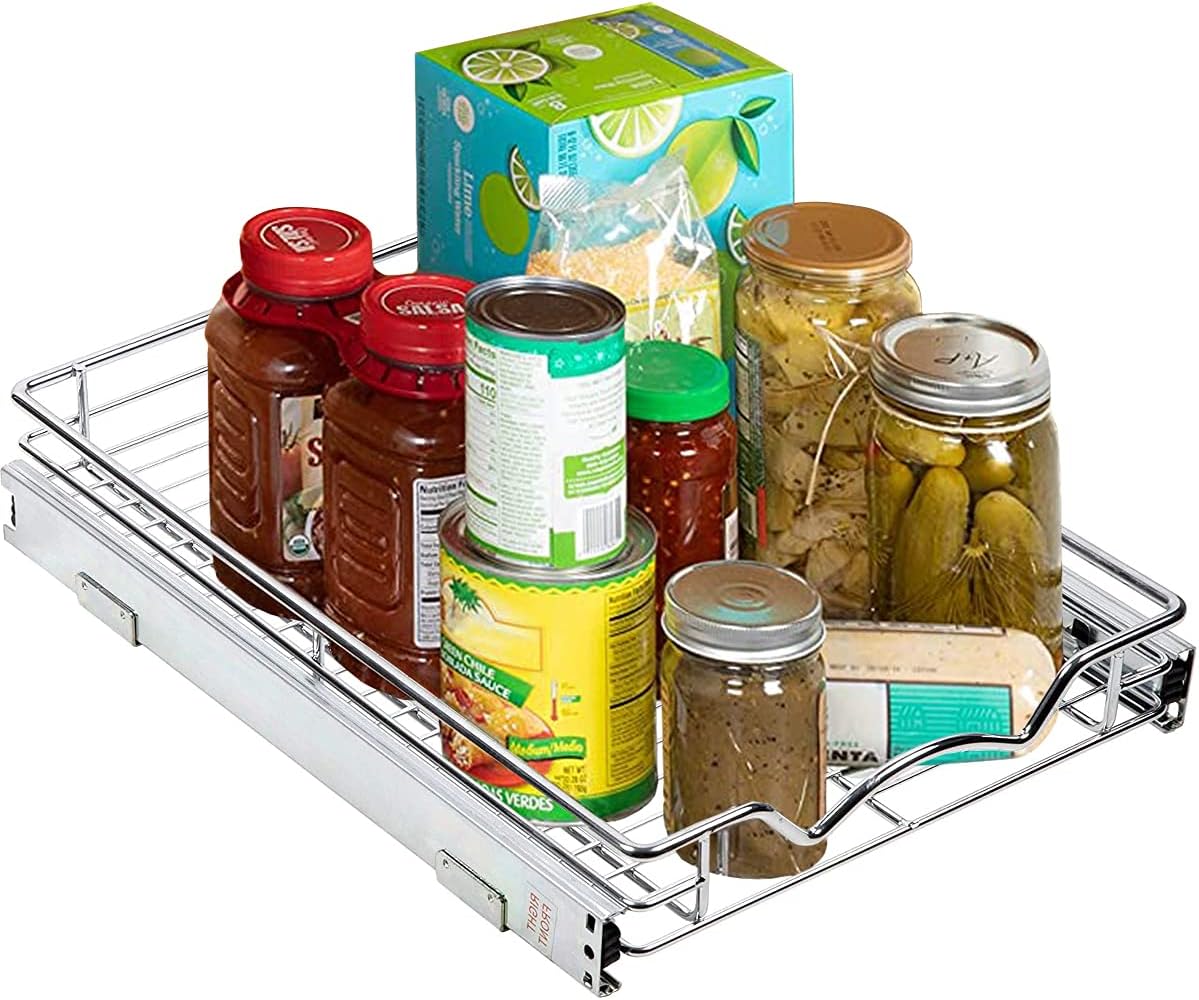 Richards Pull Out Drawer Cabinet Organizer-Heavy Duty-SlideOut Pots & Pans Sliding Shelf Chrome One Tier, Requires at Least 15”Opening, 14 x 18 x 3.15